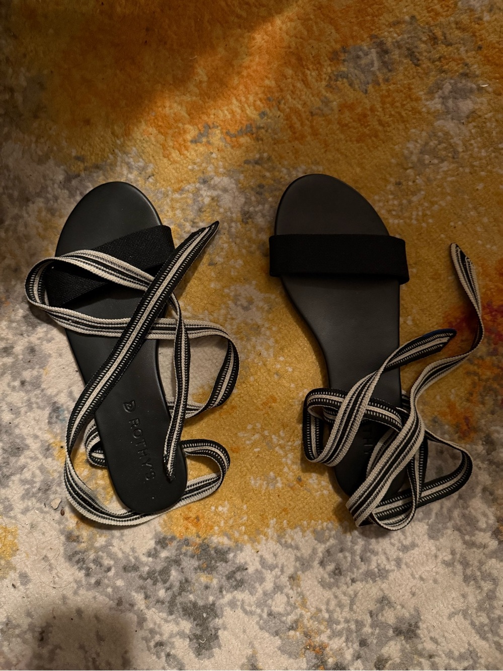 Rothy's Black Flat Sandals with Striped Ankle Wraps